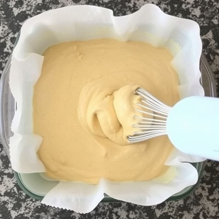Pouring Vegan Pumpkin Oatmeal Bake mixture into baking dish
