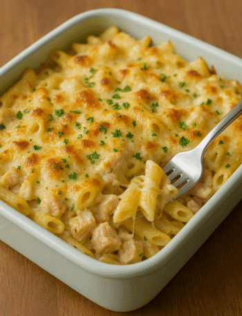 Creamy Chicken Alfredo Bake in a golden casserole dish topped with melted cheese and parsley — classic pasta and low-carb veggie version.