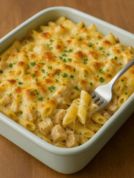 Creamy Chicken Alfredo Bake in a golden casserole dish topped with melted cheese and parsley — classic pasta and low-carb veggie version.